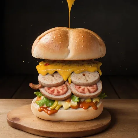 RAW photo, aesthetic, 8k uhd, dslr, bounced lighting, high quality, film grain, Pentax 645Z, sandwish,a seasoned sausage in a soft bun, dressed with a medley of condiments and toppings <lora:Seductive_Snack_Anatomy:1>k