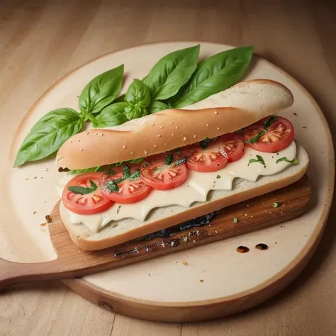 RAW photo, 8k uhd, dslr, bounced lighting, high quality, film grain, Pentax 645Z, sandwish,Fresh mozzarella cheese, Sliced tomato, Fresh basil leaves, Balsamic glaze, Baguette <lora:Seductive_Snack_Anatomy:1>k