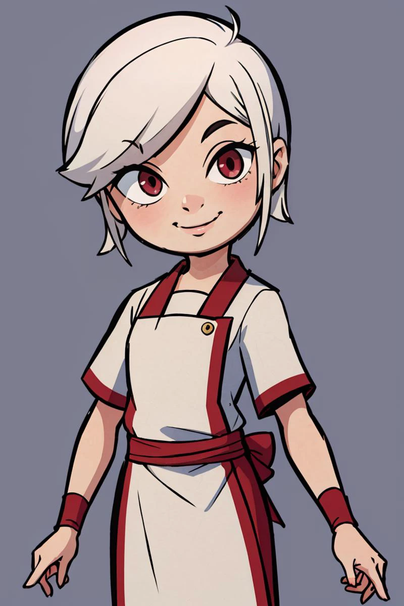 ((masterpiece,best quality)), absurdres, <lora:Nakiri_Alice_Shokugeki:0.8>, Nakiri_Alice_Shokugeki, white hair, short hair, red eyes, chef, solo, smiling, looking at viewer, cowboy shot,
