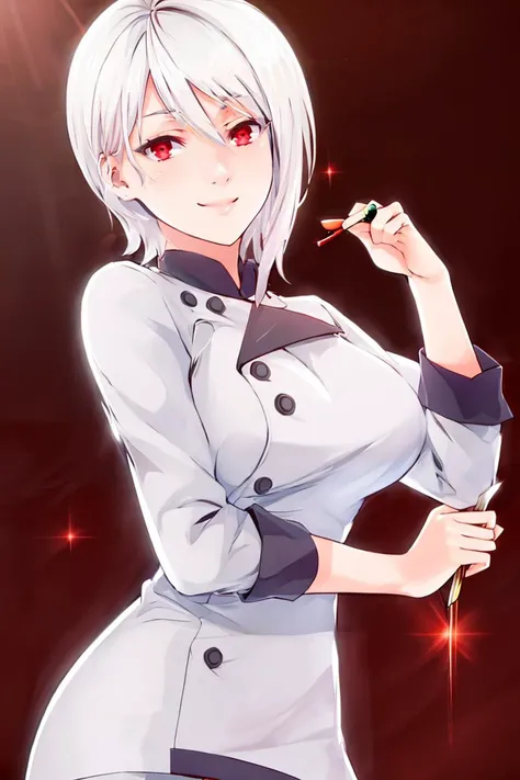 <lora:ricegnat_style:0.8>,((masterpiece,best quality)), absurdres, <lora:Nakiri_Alice_Shokugeki:0.8>, Nakiri_Alice_Shokugeki, white hair, short hair, red eyes, chef, solo, smiling, looking at viewer, cowboy shot,