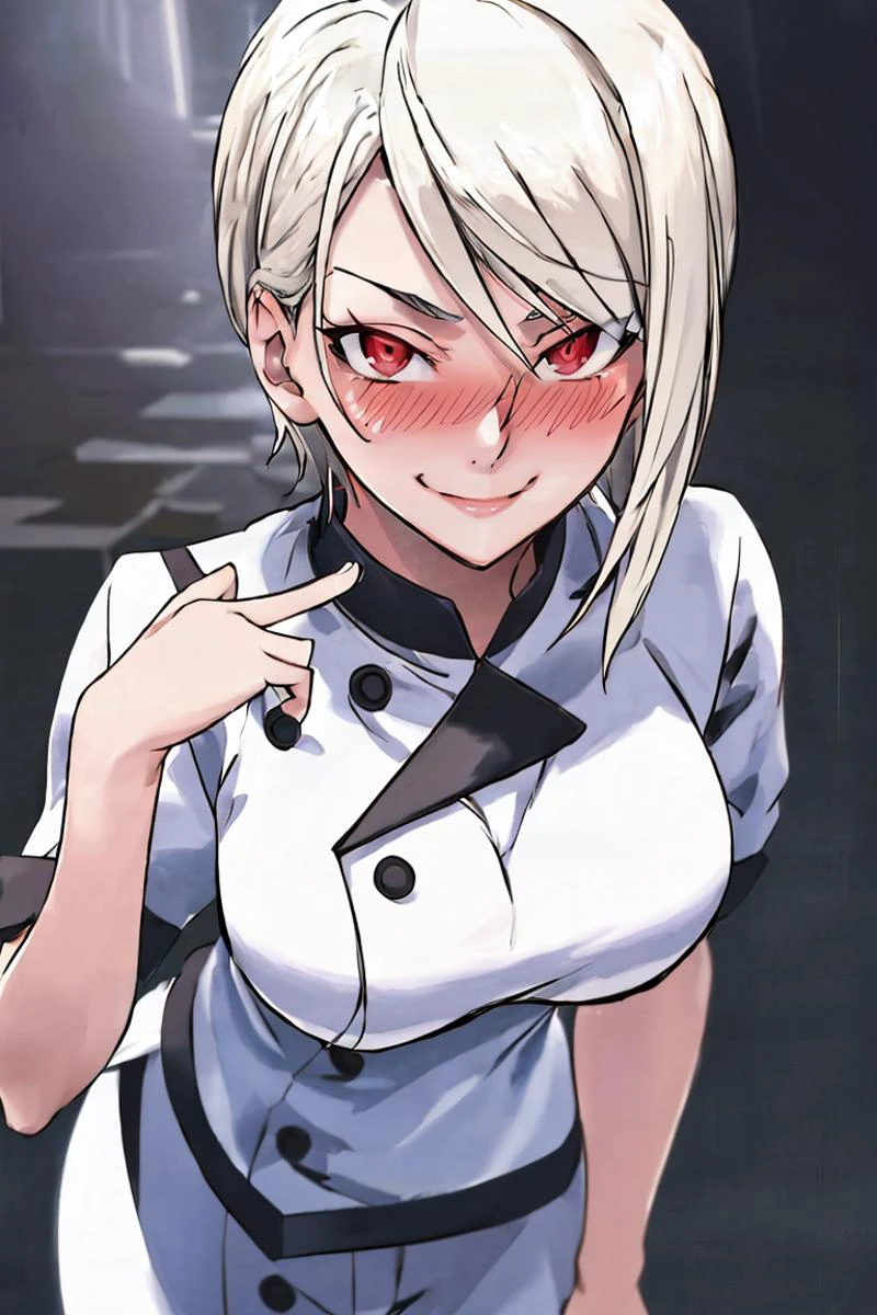 <lora:Sugimori_Ken_Style_v2:0.8>,((masterpiece,best quality)), absurdres, <lora:Nakiri_Alice_Shokugeki:0.8>, Nakiri_Alice_Shokugeki, white hair, short hair, red eyes, chef, solo, smiling,blushing, leaning forward, smug, detailed face, looking at viewer, cowboy shot,