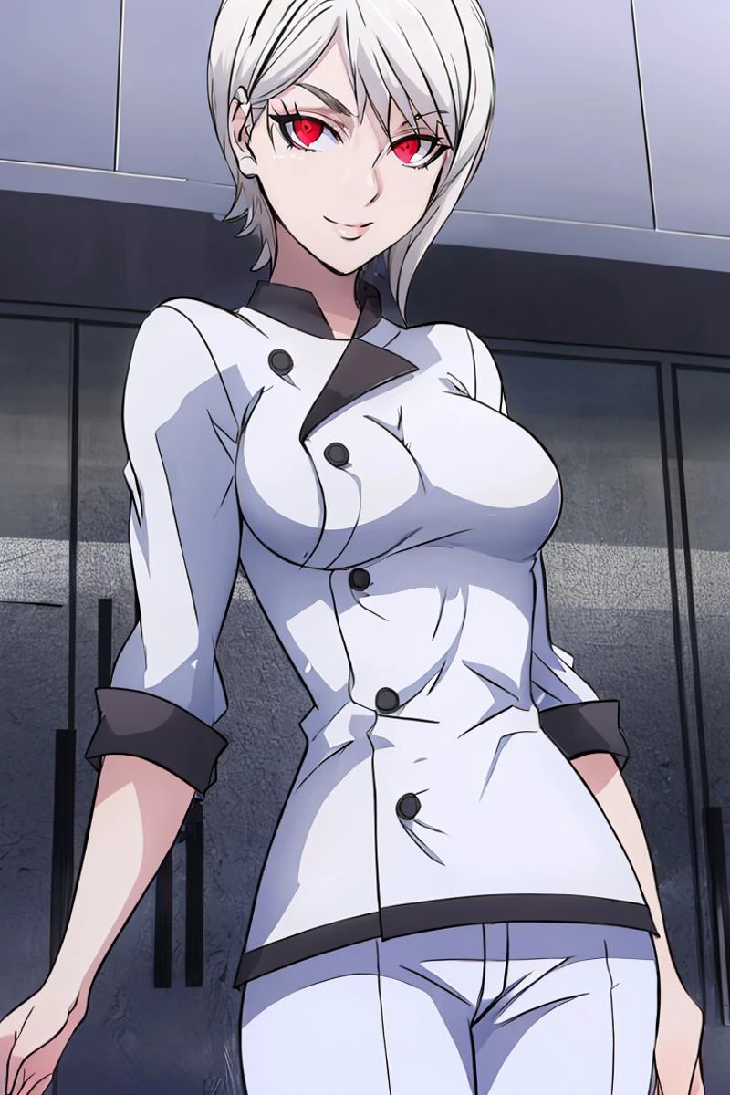 <lora:Bigdead_Style_Dim32:0.8>,((masterpiece,best quality)), absurdres, <lora:Nakiri_Alice_Shokugeki:0.8>, Nakiri_Alice_Shokugeki, white hair, short hair, red eyes, chef, solo, smiling, looking at viewer, cowboy shot,
