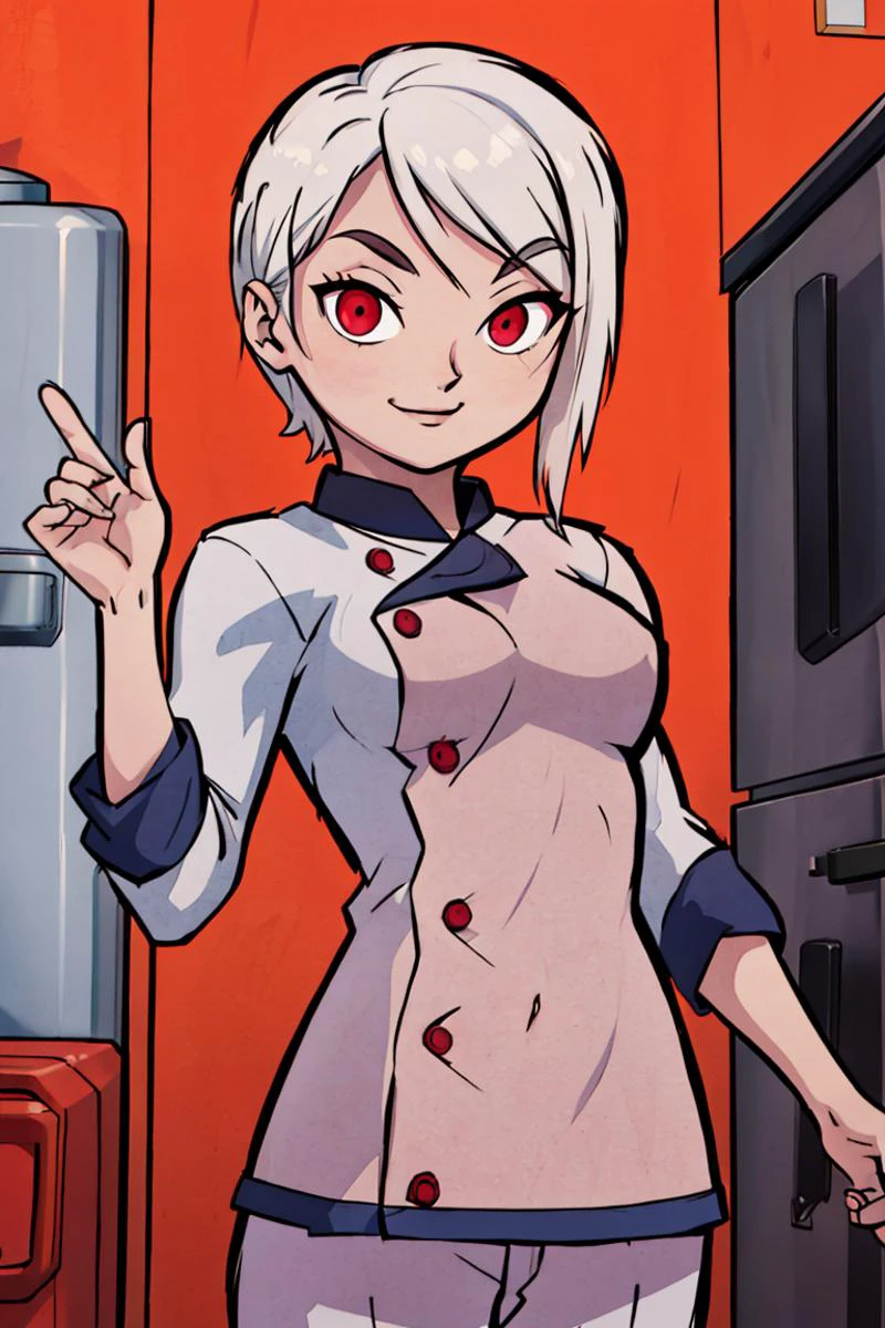 ((masterpiece,best quality)), absurdres, <lora:Nakiri_Alice_Shokugeki:0.8>, Nakiri_Alice_Shokugeki, white hair, short hair, red eyes, chef, solo, smiling, looking at viewer, cowboy shot,