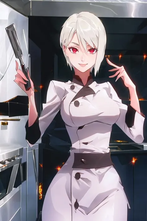 <lora:Iota:0.8>,((masterpiece,best quality)), absurdres, <lora:Nakiri_Alice_Shokugeki:0.8>, Nakiri_Alice_Shokugeki, white hair, short hair, red eyes, chef, solo, smiling, looking at viewer, cowboy shot,