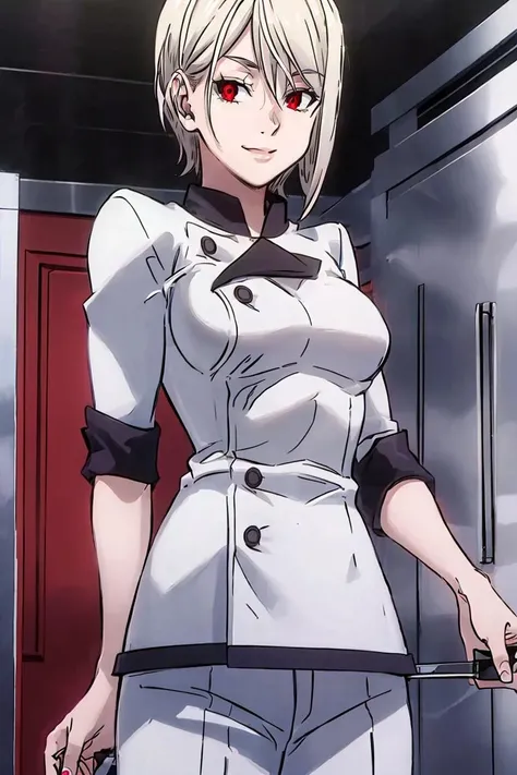 <lora:Alex_Ahad_Style:0.8>,((masterpiece,best quality)), absurdres, <lora:Nakiri_Alice_Shokugeki:0.8>, Nakiri_Alice_Shokugeki, white hair, short hair, red eyes, chef, solo, smiling, looking at viewer, cowboy shot, cinematic composition,