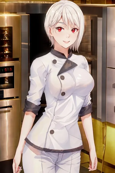 <lora:Puppypaww_Style:0.8>,((masterpiece,best quality)), absurdres, <lora:Nakiri_Alice_Shokugeki:0.8>, Nakiri_Alice_Shokugeki, white hair, short hair, red eyes, chef, solo, smiling, looking at viewer, cowboy shot,