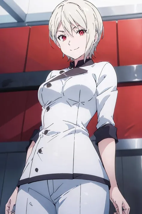 <lora:Sameyama_Jiro_Style_Dim32:0.8>,((masterpiece,best quality)), absurdres, <lora:Nakiri_Alice_Shokugeki:0.8>, Nakiri_Alice_Shokugeki, white hair, short hair, red eyes, chef, solo, smiling, looking at viewer, cowboy shot, cinematic composition,