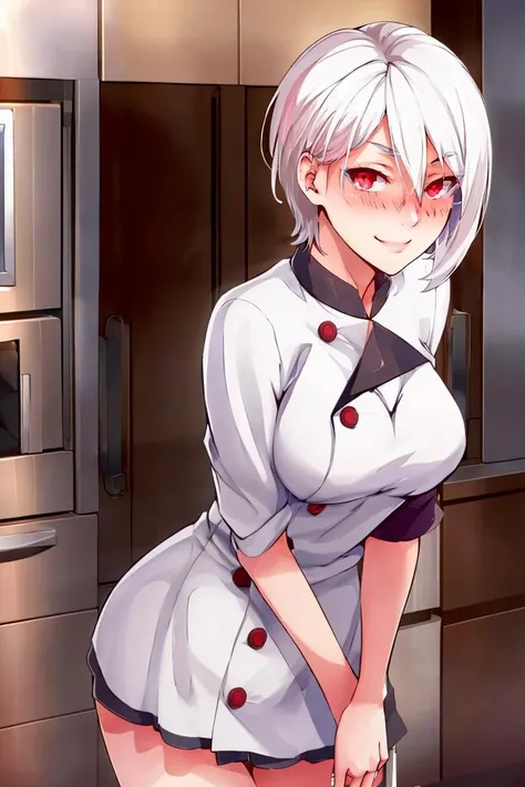 <lora:ricegnat_style:0.8>,((masterpiece,best quality)), absurdres, <lora:Nakiri_Alice_Shokugeki:0.8>, Nakiri_Alice_Shokugeki, white hair, short hair, red eyes, chef, solo, smiling,blushing, leaning forward, smug, detailed face, looking at viewer, cowboy shot,