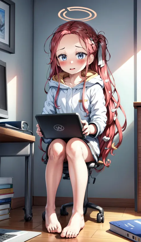 masterpiece, best quality, highly detailed, ,best quality, 1 ite 1girl, barefoot, <lora:nedia:0.8>, <lora:yuzu1-000004:1>, yuzudef, grey eyes, sitting, playing games, red_hair, game controller, small_breasts,long_hair,very_long_hair,halo, hood, <lora:more_details:0.4>, computer room,