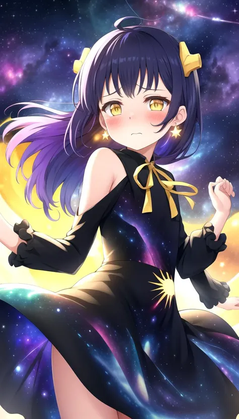 (Nebula print on dress:1.4), Earrings, (holding a sun on arm:1.3), half closed eyes, (sad:1.2), (Frilled:1.3), open shoulders, (long galaxy sleeves), (ribbons:1.5), (hairpins:1.3), Circle galaxy skirt, purple hair, galaxy hair ornament, long hair, (on wind:1.5), (messy hair:1.5), (glowing yellow eyes:1.3), (Galaxy print dress:1.5), masterpiece, best quality, Girl, (Black galaxy dress:1.3), (selestia:0.01), <lyco:nedia:0.7>, Nedia