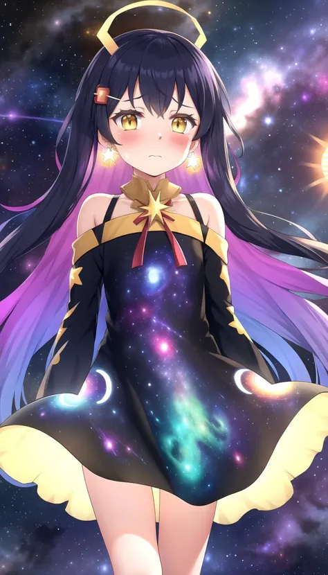 (Nebula print on dress:1.4), Earrings, (holding a sun on arm:1.3), half closed eyes, (sad:1.2), (Frilled:1.3), open shoulders, (long galaxy sleeves), (ribbons:1.5), (hairpins:1.3), Circle galaxy skirt, purple hair, galaxy hair ornament, long hair, (on wind:1.5), (messy hair:1.5), (glowing yellow eyes:1.3), (Galaxy print dress:1.5), masterpiece, best quality, Girl, (Black galaxy dress:1.3), (selestia:0.01), <lyco:nedia:0.7>, Nedia