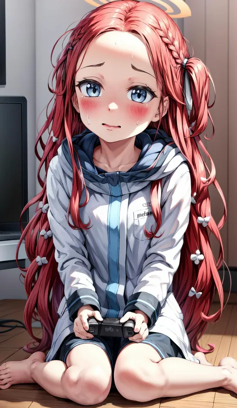 masterpiece, best quality, highly detailed, ,best quality, 1 ite 1girl, saddle, sweat,(face close up:1.5), barefoot, <lora:nedia:0.8>, <lora:yuzu1-000004:1>, yuzudef, grey eyes, sitting, playing games, red_hair, game controller, small_breasts,long_hair,very_long_hair,halo, hood, <lora:more_details:0.4>, computer room,