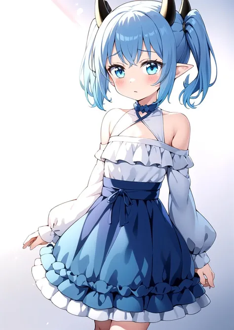 Walking, (dress:1.0), Innocent, cute, Flat, Medium hair, Skirt, masterpiece, best quality, Side ponytail, (light pink hair:1.2), (light blue hair:1.2), (gradient hair:1.2), white horns, Pointy ears, layered, frills, bare shoulders, sleeves, <lyco:nedia:0.7>, Nedia