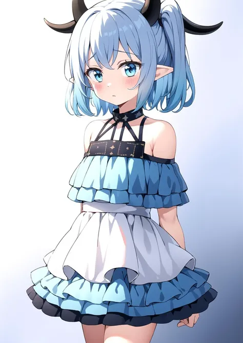 Walking, (dress:1.0), Innocent, cute, Flat, Medium hair, Skirt, masterpiece, best quality, Side ponytail, (light pink hair:1.2), (light blue hair:1.2), (gradient hair:1.2), white horns, Pointy ears, layered, frills, bare shoulders, sleeves, <lyco:nedia:0.7>, Nedia
