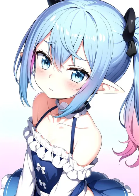 (City theme background:1.3), Looking up, Solo, (dress:1.0), Innocent, cute, Flat, Medium hair, Skirt, masterpiece, best quality, Side ponytail, (light pink hair:1.3), (light blue hair:1.2), (gradient hair:1.2), white horns, Pointy ears, layered, frills, bare shoulders, sleeves, <lyco:nedia:0.7>, Nedia