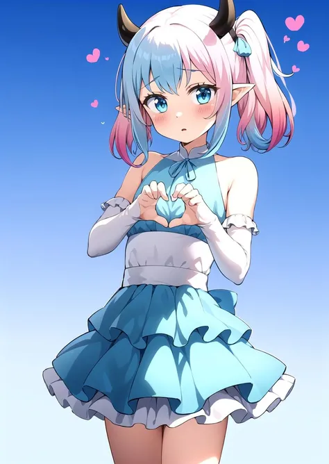 (Heart pose:1.3), Solo, (dress:1.0), Innocent, cute, Flat, Medium hair, Skirt, masterpiece, best quality, Side ponytail, (light pink hair:1.3), (light blue hair:1.2), (gradient hair:1.2), white horns, Pointy ears, layered, frills, bare shoulders, sleeves, <lyco:nedia:0.7>, Nedia
