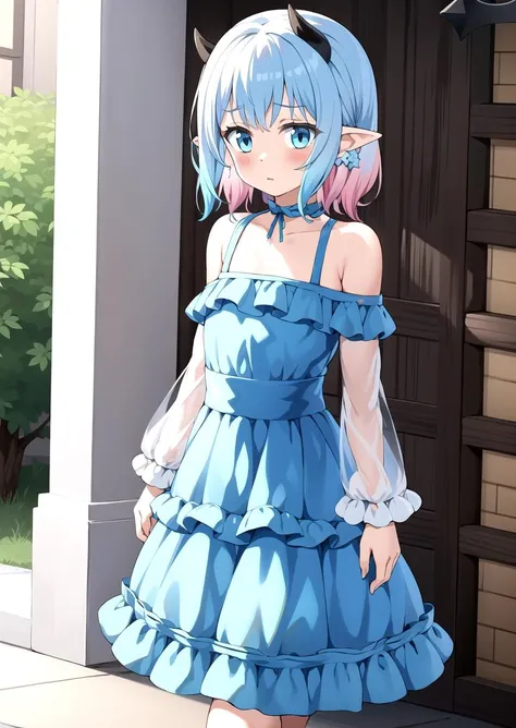 Walking, (dress:1.0), Innocent, cute, Flat, Medium hair, Skirt, masterpiece, best quality, Side ponytail, (light pink hair:1.2), (light blue hair:1.2), (gradient hair:1.2), white horns, Pointy ears, layered, frills, bare shoulders, sleeves, <lyco:nedia:0.7>, Nedia