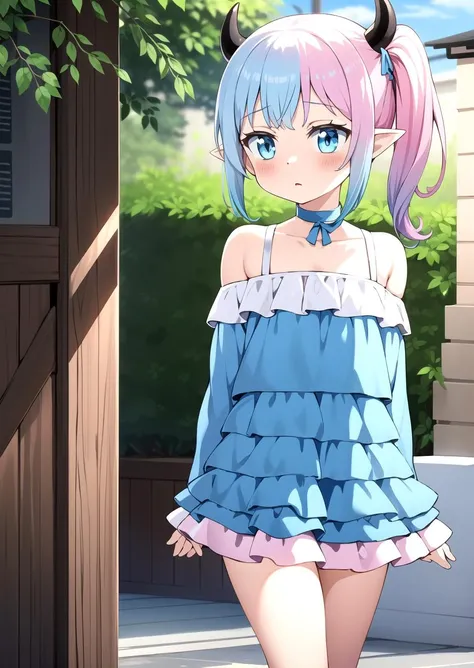 Walking, (dress:1.0), Innocent, cute, Flat, Medium hair, Skirt, masterpiece, best quality, Side ponytail, (light pink hair:1.2), (light blue hair:1.2), (gradient hair:1.2), white horns, Pointy ears, layered, frills, bare shoulders, sleeves, <lyco:nedia:0.7>, Nedia