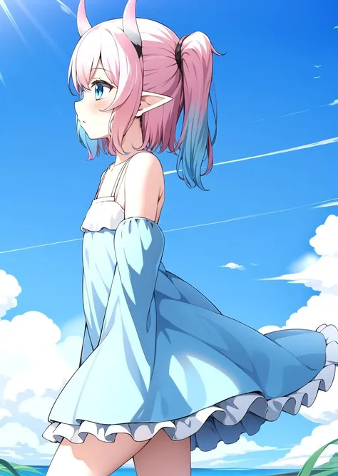 Walking, (dress:1.0), Innocent, cute, Flat, Medium hair, Skirt, masterpiece, best quality, Side ponytail, (light pink hair:1.2), (light blue hair:1.2), (gradient hair:1.2), white horns, Pointy ears, layered, frills, bare shoulders, sleeves, <lyco:nedia:0.7>, Nedia