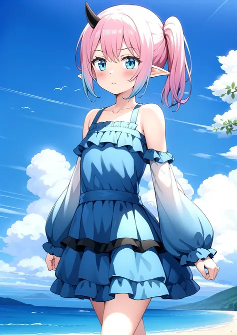 Walking, (dress:1.0), Innocent, cute, Flat, Medium hair, Skirt, masterpiece, best quality, Side ponytail, (light pink hair:1.2), (light blue hair:1.2), (gradient hair:1.2), white horns, Pointy ears, layered, frills, bare shoulders, sleeves, <lyco:nedia:0.7>, Nedia