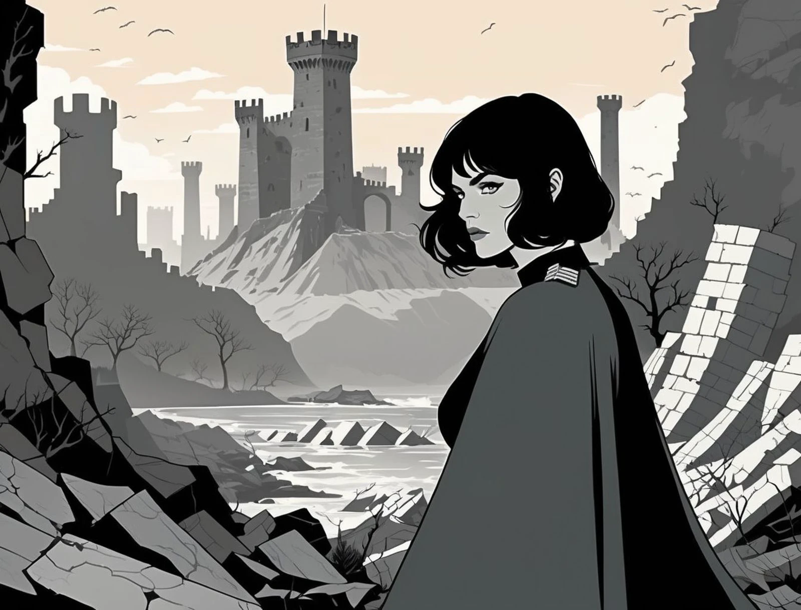 <lora:kallmekris:0.5> kallmekris mixed with <lora:alexandradaddario_SDXL:0.5> Alexandra Daddario, ohwx, Amid the ruins of a once-majestic fortress, a soldier pauses, her silhouette ghostly against the backdrop of shifting terrains that oscillate between detailed battle maps and molten landscapes, Tornado, Barren trees, Menacing, Radial balance, Sunrise, Water, Ellipse, ultra detailed, intricate, ,surrounded by concubines ,art by Adrian Tomine