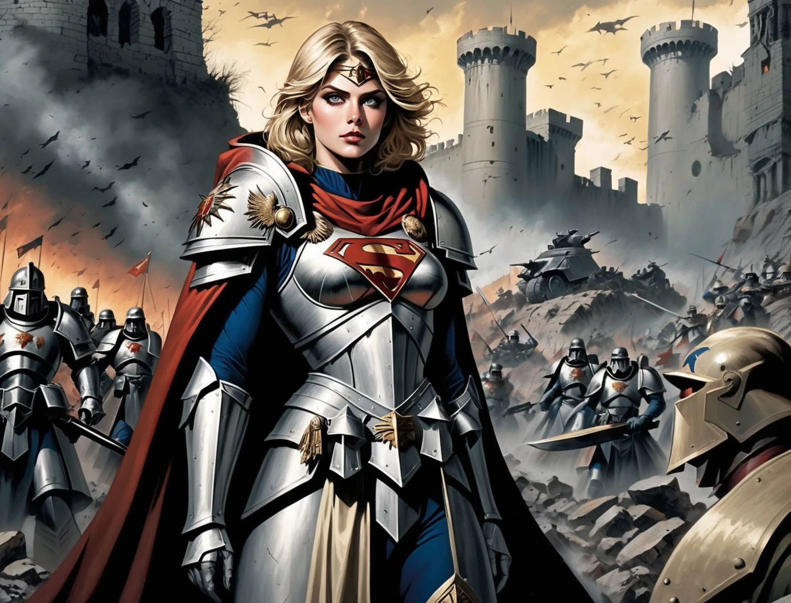 <lora:alexandradaddario_SDXL:0.5> Alexandra Daddario, ohwx mixed with <lora:kallmekris:0.5> kallmekris , Power girl, supergirl, blonde ,Amid the ruins of a once-majestic fortress, a soldier pauses, her silhouette ghostly against the backdrop of shifting terrains that oscillate between detailed battle maps and molten landscapes, Tornado, Barren trees, Menacing, Radial balance, Sunrise, Water, Ellipse, ultra detailed, intricate, ,leading a horde army, thousands of warriors, futuristic attire, future soldier, in wh40k, Warhammer 40,000, death korps of krieg, dkok, astra militarum, space marines, epic battle, only war, wearing huge pauldrons, WWI, trenches, dirt, battle ,analog, the contrast in colors and textures should be distinct highly detailed, surreal, vibrant yet slightly desaturated, faded film, desaturated, 35mm photo, grainy, vignette, vintage, Kodachrome, Lomography, stained, highly detailed, found footage