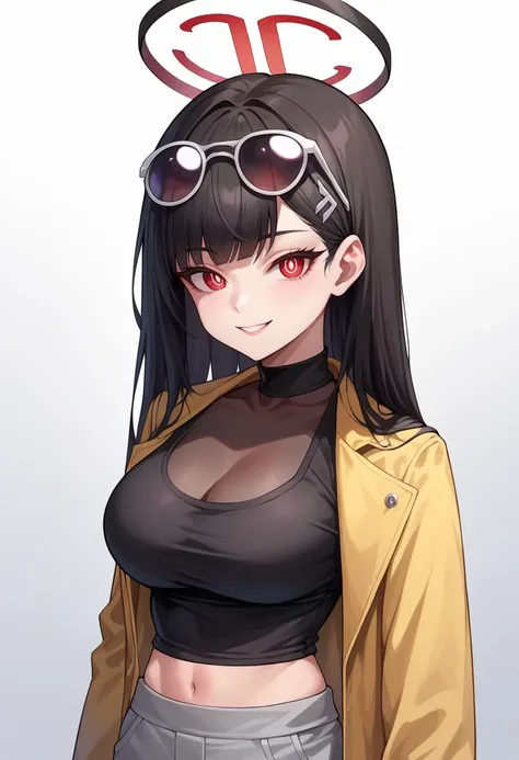 score_9, score_8_up, source_anime, 1girl, solo, TsukatsukiRio, black hair, red eyes, ringed eyes, white pupils, hairclip, halo, black shirt, upper body, eyewear on head, sunglasses, grey pants, midriff, see-through cleavage, yellow jacket, black choker, smile, simple background, white background, cowboy shot, <lora:ChamRioTsukatsukiPonyXL-000007:1>