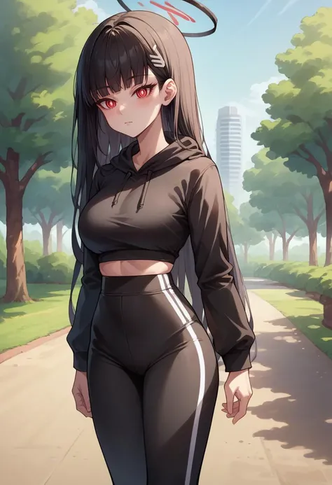 score_9, score_8_up, source_anime, 1girl, solo, TsukatsukiRio, black hair, red eyes, ringed eyes, white pupils, hairclip, halo, outdoors, park, black hoodie, high-waist pants, yoga pants, black pants, light blush, <lora:ChamRioTsukatsukiPonyXL-000007:1>