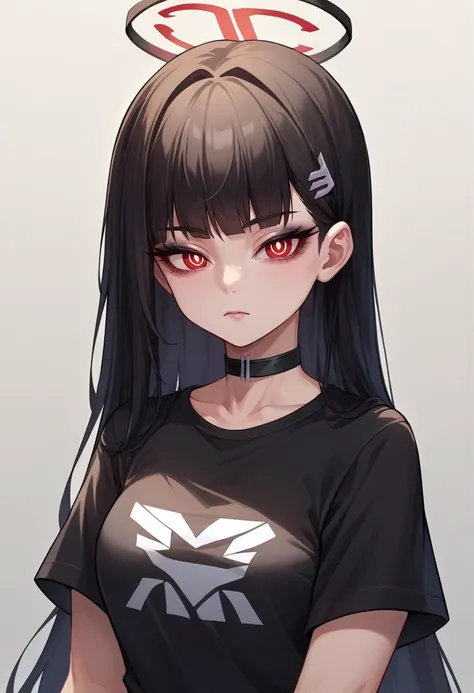 score_9, score_8_up, source_anime, 1girl, solo, TsukatsukiRio, black hair, red eyes, ringed eyes, white pupils, hairclip, halo, black shirt, t-shirt, black choker, goth, eyeliner, eyeshadow, <lora:ChamRioTsukatsukiPonyXL-000007:1>