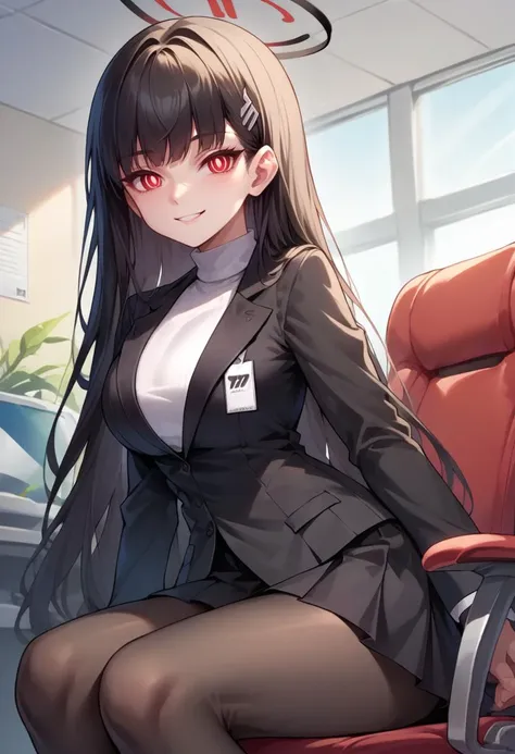 score_9, score_8_up, source_anime, 1girl, solo, RioBase, black hair, red eyes, ringed eyes, white pupils, hairclip, halo, black jacket, white turtleneck sweater, id card, black skirt, black pantyhose, smile, indoors, office chair, sitting, <lora:ChamRioTsukatsukiPonyXL-000007:1>