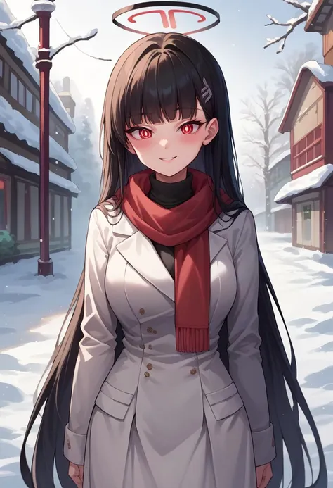 score_9, score_8_up, source_anime, 1girl, solo, TsukatsukiRio, black hair, red eyes, ringed eyes, white pupils, hairclip, halo, turtleneck sweater, long skirt, outdoors, scarf, winter, smile, blush, <lora:ChamRioTsukatsukiPonyXL-000007:1>