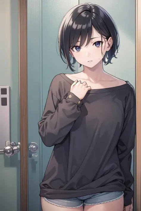 shinoneechan, <lora:shinoneechan-lora-nochekaiser:1>,
shino neechan, short hair, bangs, black hair, (black eyes:1.5), mole, mole under mouth, mature female,
BREAK shirt, long sleeves, purple shirt, shorts,
BREAK indoors,
BREAK looking at viewer, (cowboy shot:1.5),
BREAK <lyco:GoodHands-beta2:1>, (masterpiece:1.2), best quality, high resolution, unity 8k wallpaper, (illustration:0.8), (beautiful detailed eyes:1.6), extremely detailed face, perfect lighting, extremely detailed CG, (perfect hands, perfect anatomy),