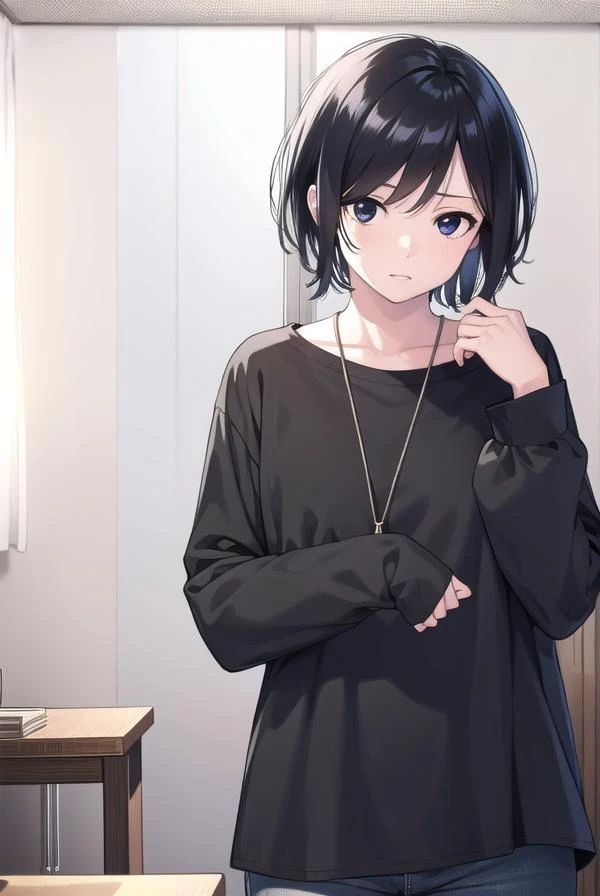Highest quality、Black Hair、Iris、short hair、girl、cute、16 years old、、Small hair ornament、1 person、Hotel、On the bed、In underwear、Embarrassed look、sex