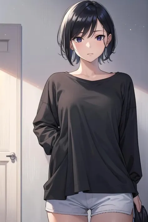 shinoneechan, <lora:shinoneechan-lora-nochekaiser:1>,
shino neechan, short hair, bangs, black hair, (black eyes:1.5), mole, mole under mouth, mature female,
BREAK shirt, long sleeves, purple shirt, shorts,
BREAK indoors,
BREAK looking at viewer, (cowboy shot:1.5),
BREAK <lyco:GoodHands-beta2:1>, (masterpiece:1.2), best quality, high resolution, unity 8k wallpaper, (illustration:0.8), (beautiful detailed eyes:1.6), extremely detailed face, perfect lighting, extremely detailed CG, (perfect hands, perfect anatomy),