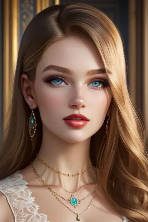 close up photo of 1girl, beautiful face, pale skin, eyelashes, red lips, looking at viewer, Buckingham Palace, indoors,necklace, earrings, luxury, cinematic lighting,<lora:englishdolllikeness_v10:0.8>, fantasy, dreamlike, best quality, realistic, photorealistic,
