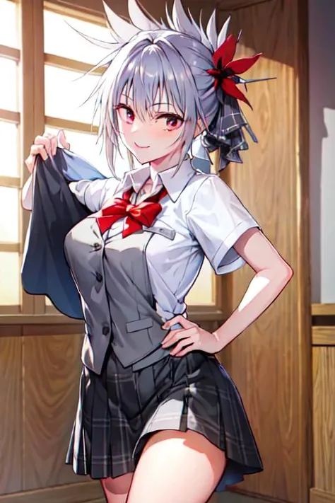masterpiece, best quality, absurdres, perfect antomy, cowboy shot, Matsuri Kazamaki, grey hair, medium breasts, indoors, smile, school uniform, collared shirt, black skirt, plaid skirt