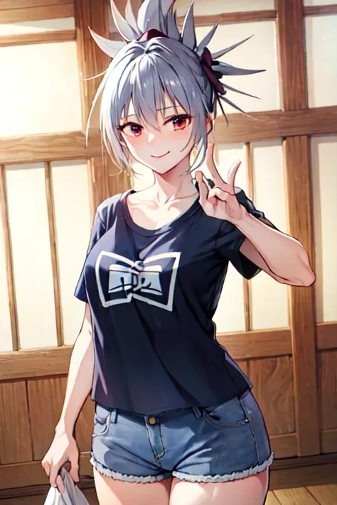 masterpiece, best quality, absurdres, perfect antomy, cowboy shot, Matsuri Kazamaki, grey hair, medium breasts, indoors, smile, denim shorts, t-shirt