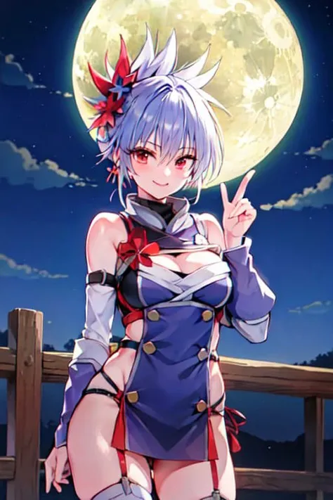 masterpiece, best quality, absurdres, perfect antomy, cowboy shot, Matsuri Kazamaki, medium breasts, moon, moonlight, night, night sky, ninja, outdoors, smile, solo