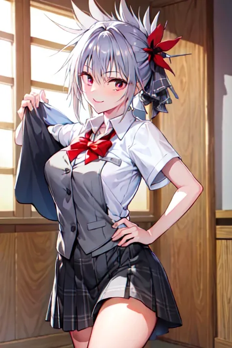 masterpiece, best quality, absurdres, perfect antomy, cowboy shot, Matsuri Kazamaki, grey hair, medium breasts, indoors, smile, school uniform, collared shirt, black skirt, plaid skirt