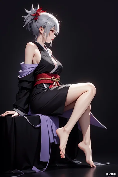 <lora:matsuriKazamaki:0.75>,ninja,medium breasts,Matsuri Kazamaki,black background,grey hair,1gir, cross legs,on the side view,(<lora:gachaSplashLORA_gachaSplashFarShot:0.2>),full body,bare foot