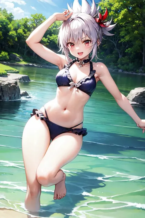 masterpiece, best quality, absurdres, perfect anatomy, 1girl, solo, Matsuri Kazamaki, hair ornament, pinwheel, water, (partially submerged), smile, :d, spread arms, frilled bikini, cute, cute bikini, <lora:MatsuriKazamaki:0.9>