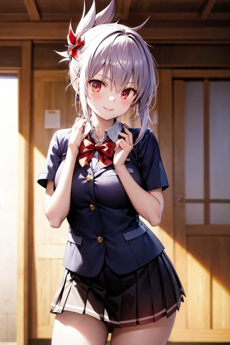 masterpiece, best quality, absurdres, perfect anatomy, 1girl, solo, Matsuri Kazamaki, hair ornament, pinwheel, indoors, smile, school uniform, collared shirt, black skirt, plaid skirt, <lora:MatsuriKazamaki:0.9>