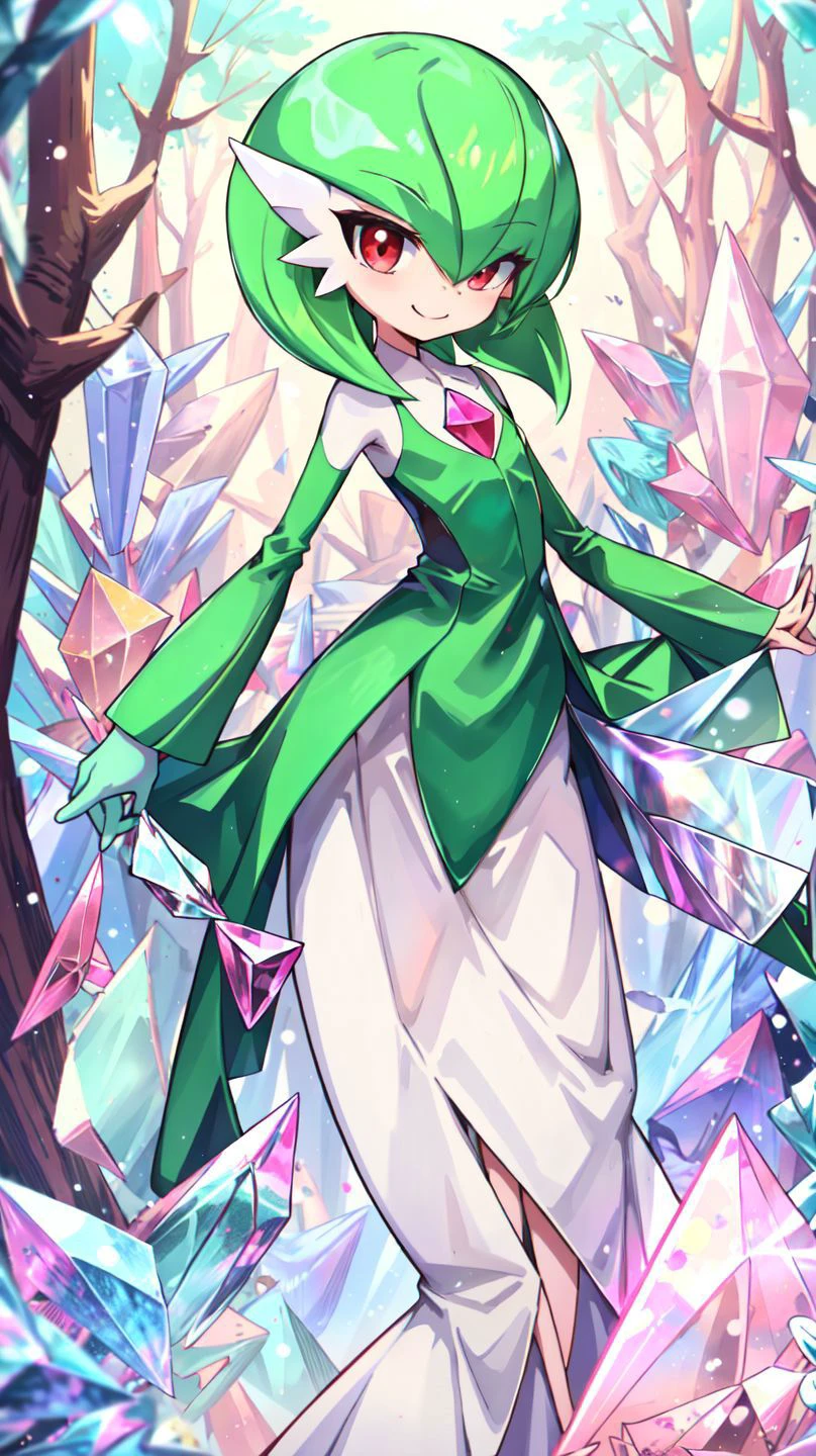 solo,gardevoir,green hair,flat chest,smile,red eyes,cyancapsule,(crystal forest),<lora:crystal_20231127214245-000018:0.4>,<lora:GardevoirYiffy:0.8>,pink skin,