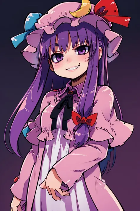 ((best quality)),
1girl, (purple hair, purple eyes:1), long hair, mob cap,crescent hat ornament, ribbon,dress, <lora:patchouli:1>, smile, smug,
<lora:Zankuro_AnyLora_Dim32:0.8>,