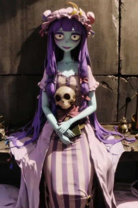 by TimBurton Animation <lora:TimBurton_Animation_offset:1.2>, dark, makeup, portrait,
patchouli knowledge, 1girl, dress, (purple hair, purple eyes:1), long hair, mob cap, crescent hat ornament, ribbon, dress, <lora:patchouli:0.9>, smile,