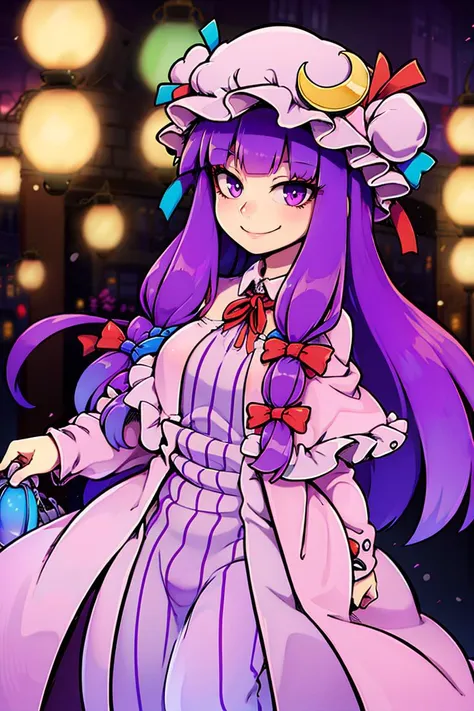 <lora:the_other_half_style:0.8>,
patchouli knowledge, 1girl, dress, (purple hair, purple eyes:1), long hair, mob cap, crescent hat ornament, ribbon, dress, <lora:patchouli:0.9>, smile,