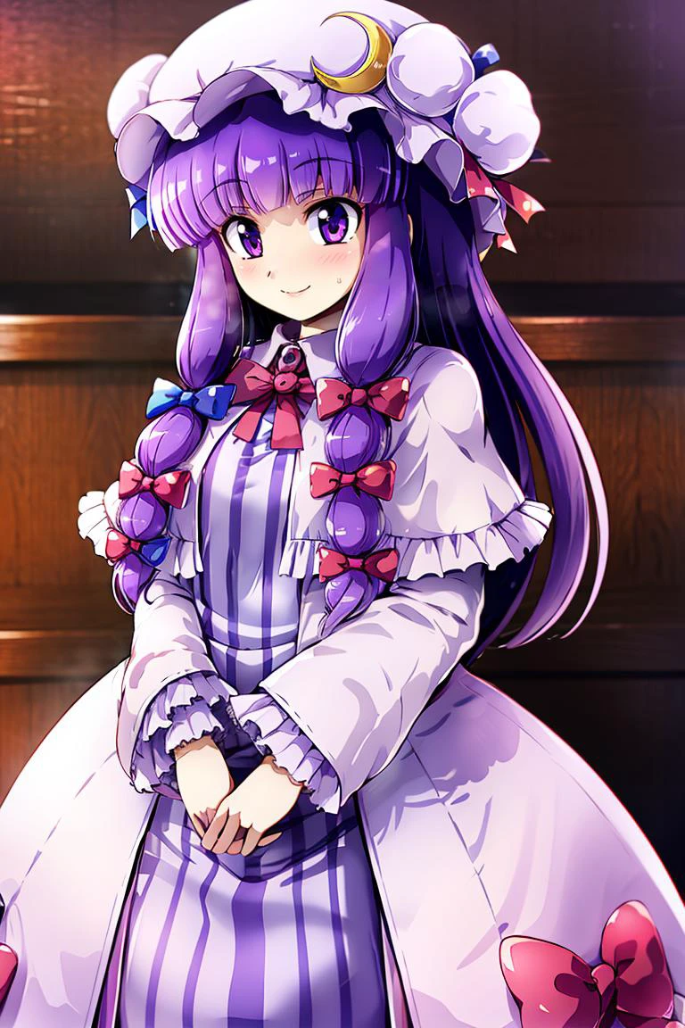 <lora:Konpeto_Style_Dim32:0.8>,
patchouli knowledge, 1girl, dress, (purple hair, purple eyes:1), long hair, mob cap, crescent hat ornament, ribbon, dress, <lora:patchouli:0.9>, smile,
