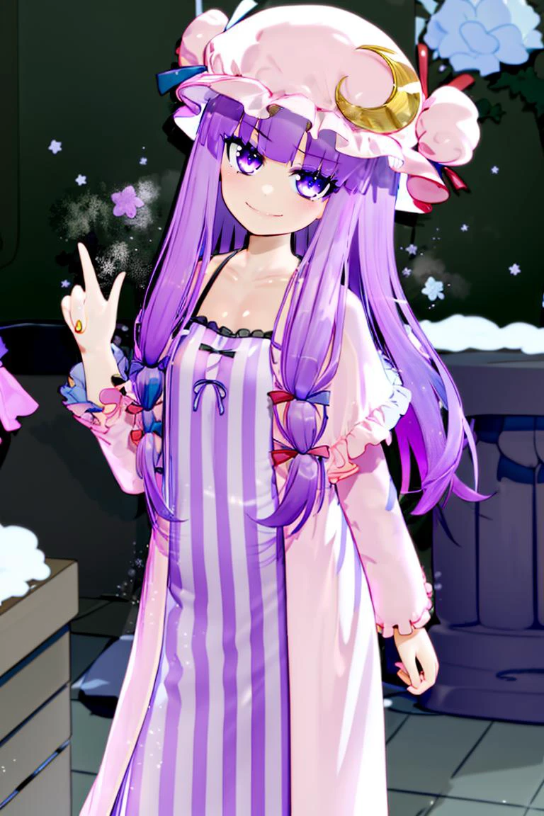 <lora:Mantis_Style:1>,
patchouli knowledge, 1girl, dress, (purple hair, purple eyes:1), long hair, mob cap, crescent hat ornament, ribbon, dress, <lora:patchouli:0.9>, smile,