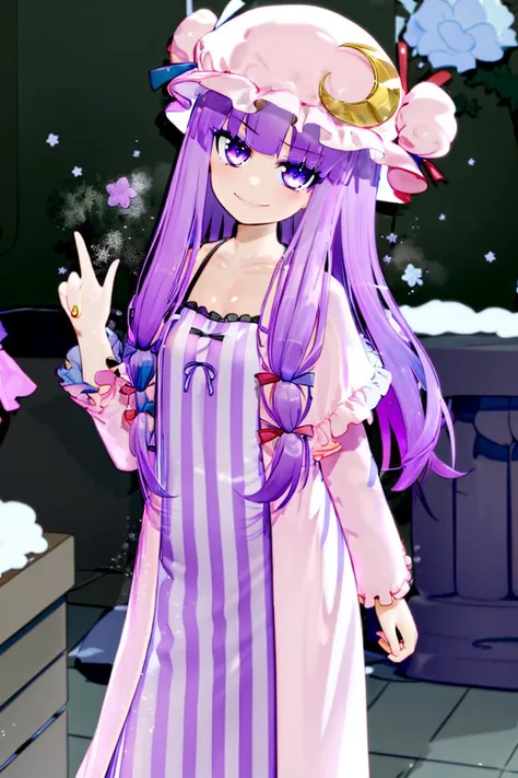 <lora:Mantis_Style:1>, 
patchouli knowledge, 1girl, dress, (purple hair, purple eyes:1), long hair, mob cap, crescent hat ornament, ribbon, dress, <lora:patchouli:0.9>, smile,