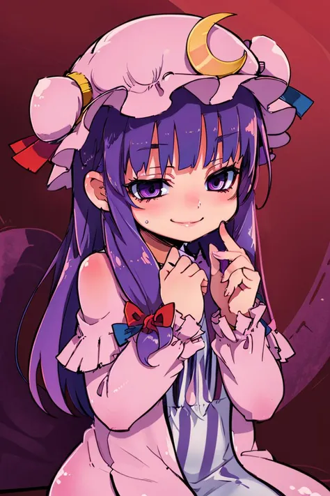 ((best quality)),
1girl, (purple hair, purple eyes:1), long hair, mob cap,crescent hat ornament, ribbon,dress, <lora:patchouli:1>, smile, blushing,
<lora:Zankuro_AnyLora_Dim32:0.8>,